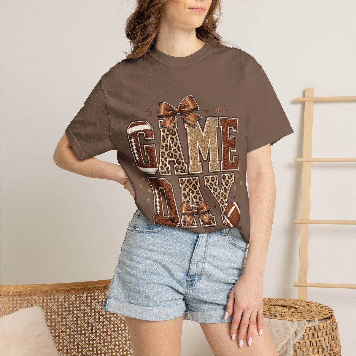Game Day T‑Shirt — Leopard Print Football Graphic with Bow