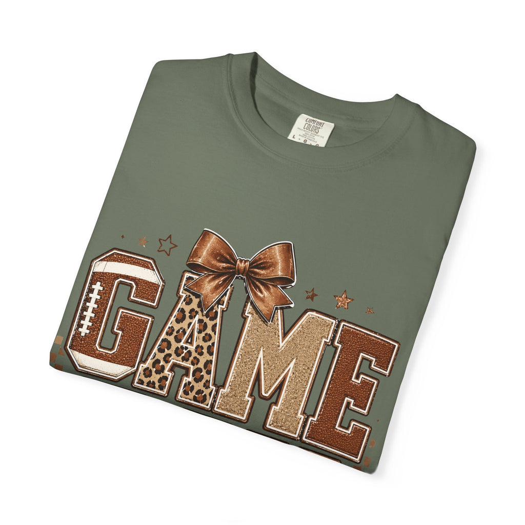 Game Day T‑Shirt — Leopard Print Football Graphic with Bow