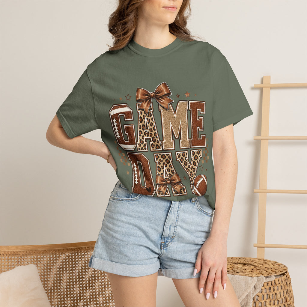 Game Day T‑Shirt — Leopard Print Football Graphic with Bow