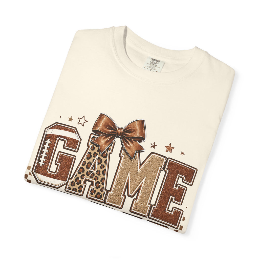 Game Day T‑Shirt — Leopard Print Football Graphic with Bow