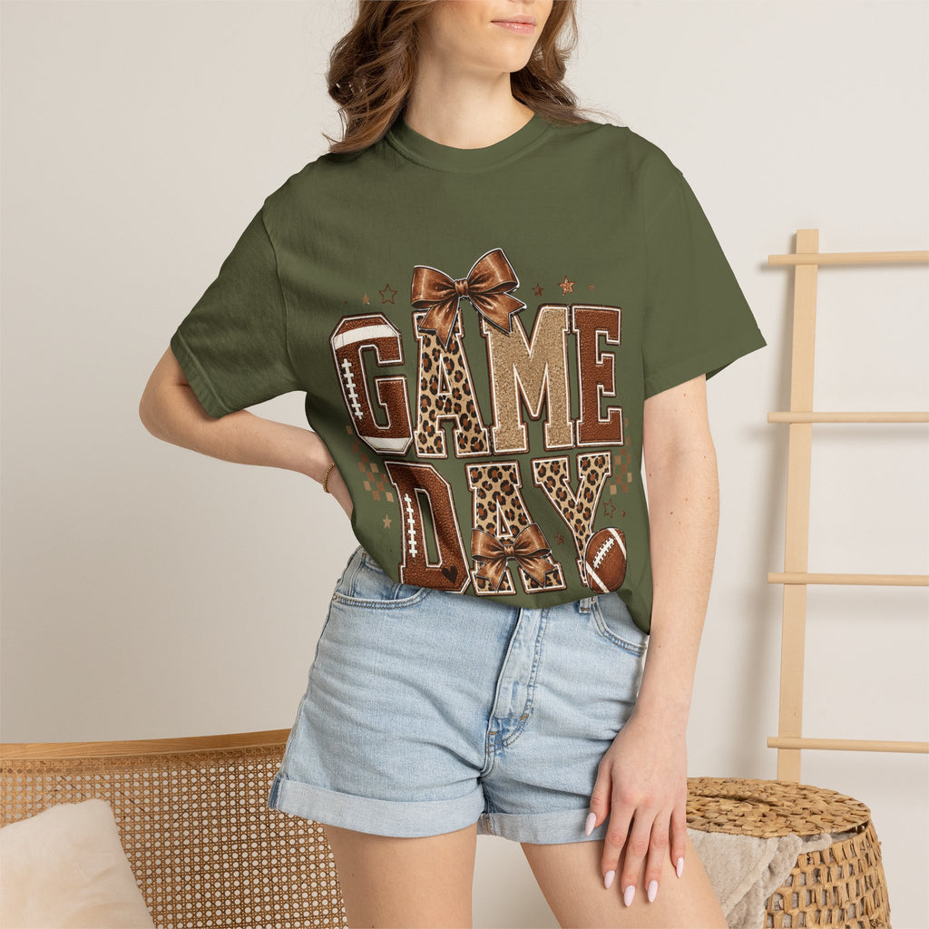 Game Day T‑Shirt — Leopard Print Football Graphic with Bow