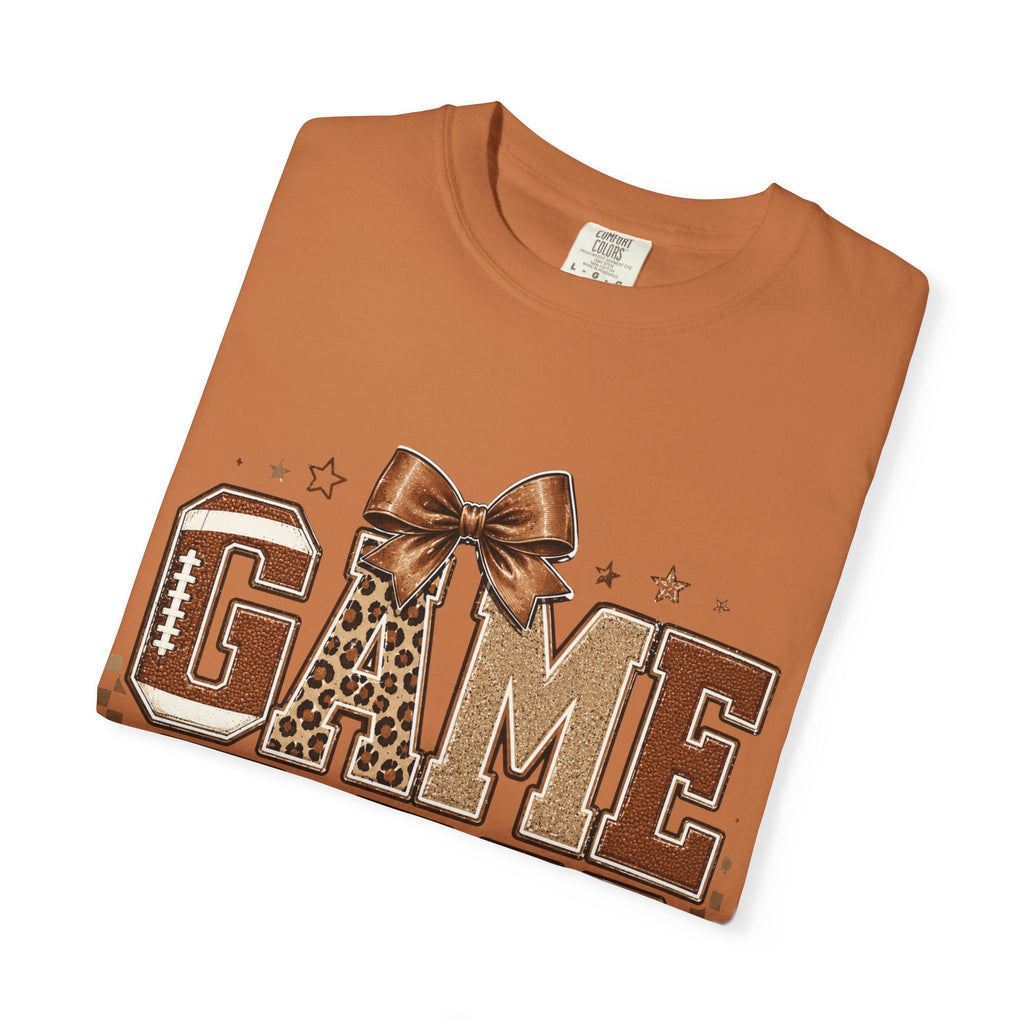 Game Day T‑Shirt — Leopard Print Football Graphic with Bow
