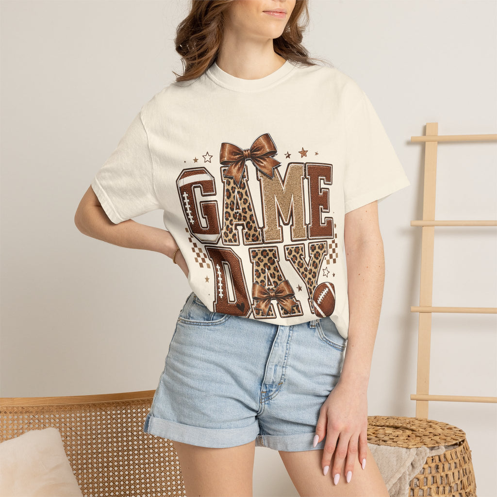 Game Day T‑Shirt — Leopard Print Football Graphic with Bow