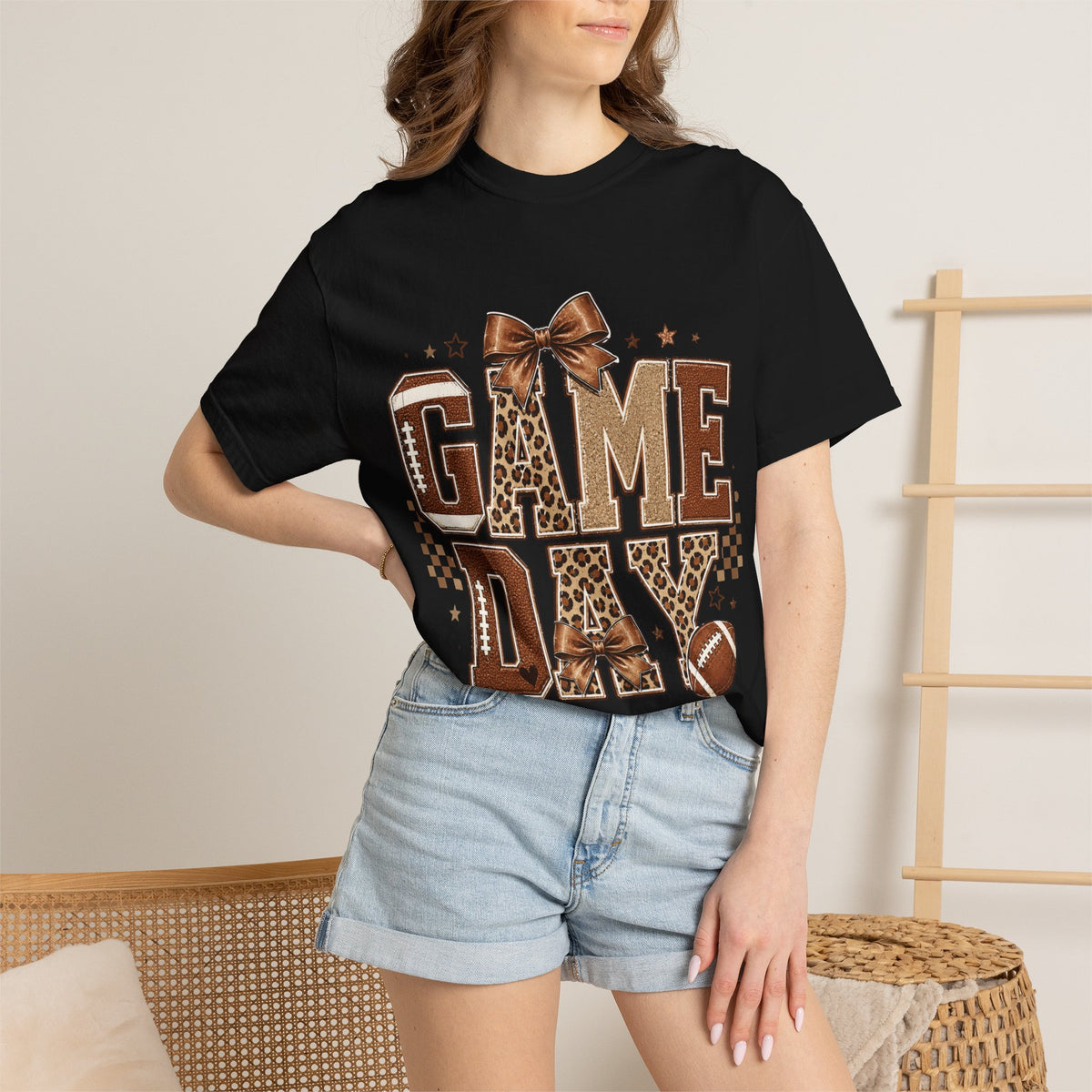 Game Day T‑Shirt — Leopard Print Football Graphic with Bow