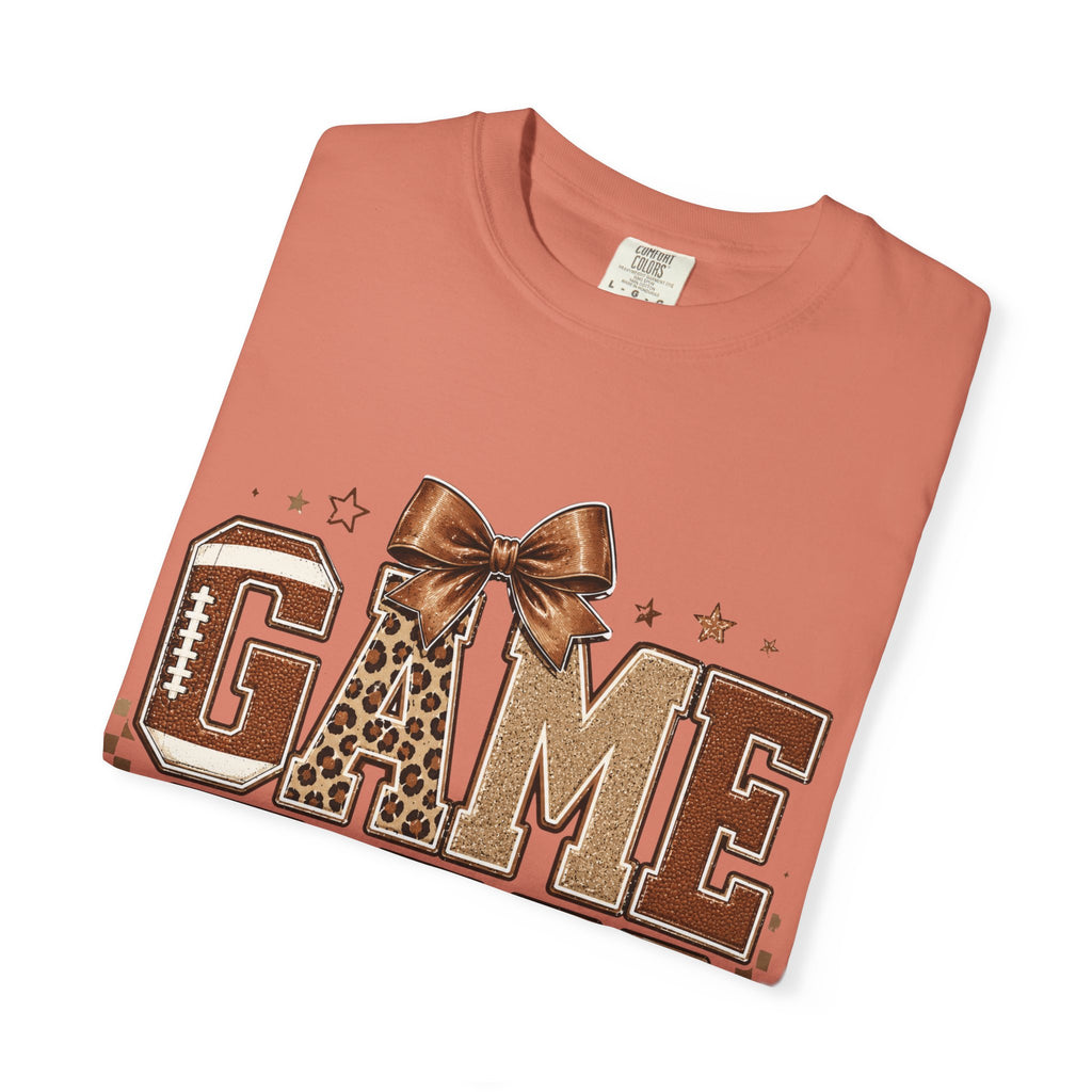 Game Day T‑Shirt — Leopard Print Football Graphic with Bow