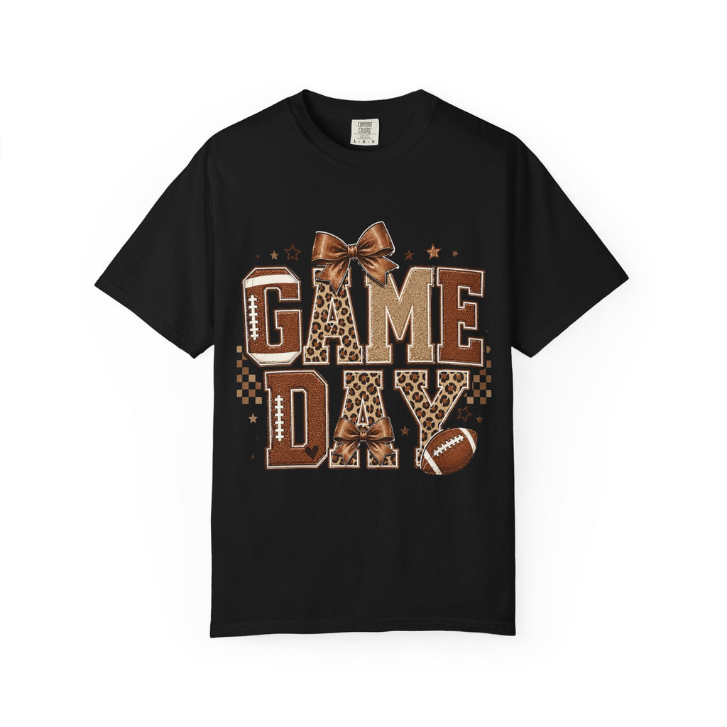 Game Day T‑Shirt — Leopard Print Football Graphic with Bow